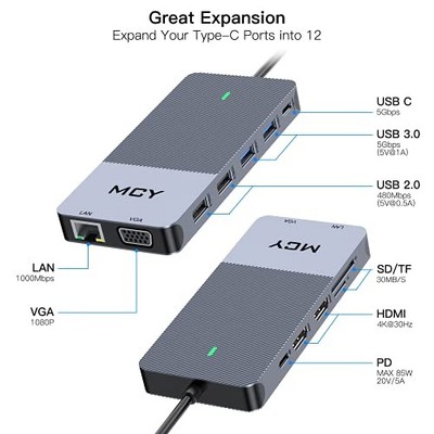 MCY Docking Station 12 in 1 Triple Display USB C Multi Monitor UCN3442 - Gray