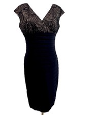 Adrianna Papell Dress Womens 10P Black Lace Ruched Sheath V Neck LBD Knee Length