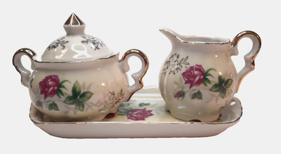 VTG-Royal Sealy Style-Moss Rose-Individual Creamer & Sugar Set w/Tray-Japan