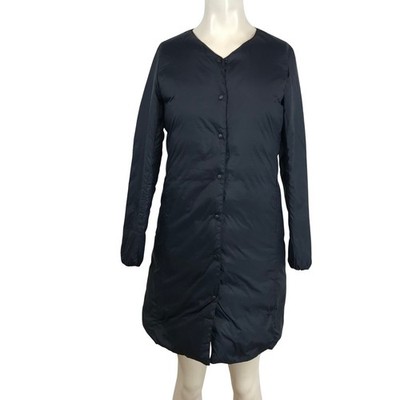 Uniqlo Ultra Light Down Long Coat Black V-Neck Snap Front Puffer Jacket XS