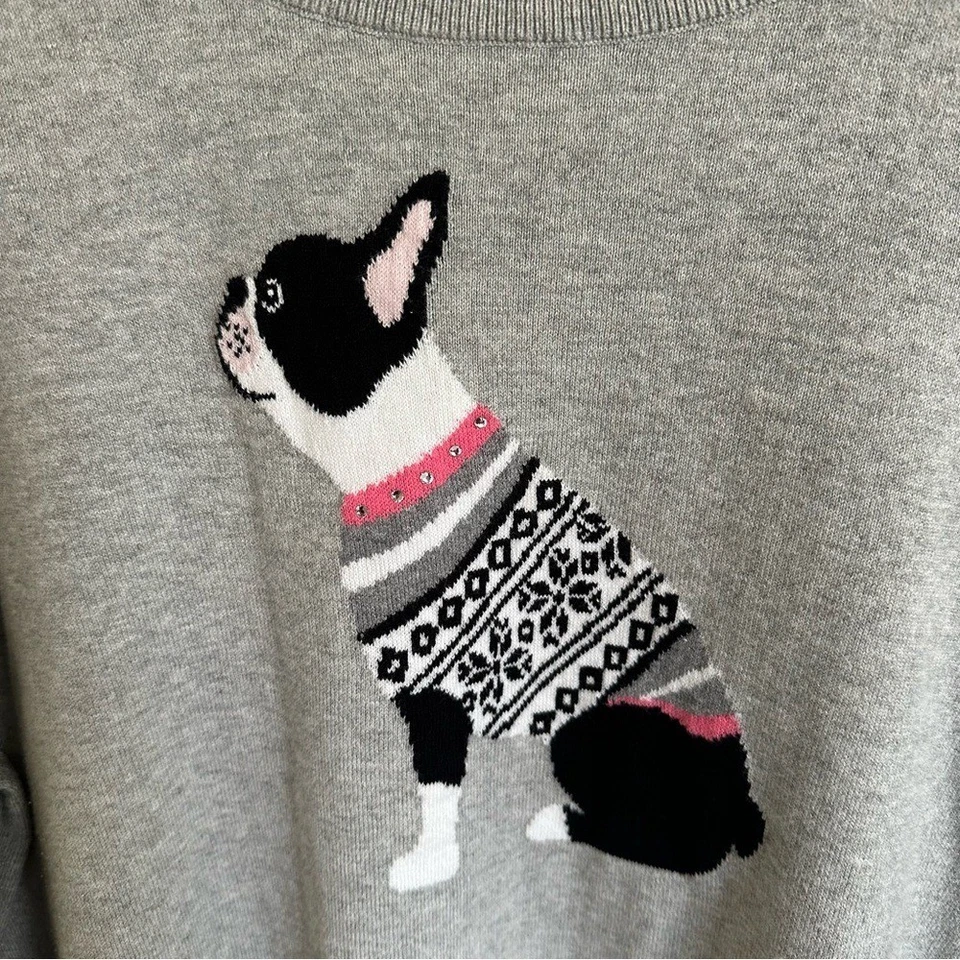 Suéter J Crew tamanho 3X cinza Boston Terrier cachorro Teddie gola redonda malha de algodão cinza - Imagem 2 de 4