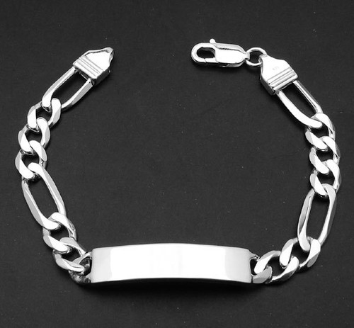 Pulsera de identificación Figaro grabable sólido de 8 mm plata esterlina 925 real ¡22 gramos! - Imagen 1 de 2