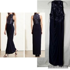 Ralph Lauren Sequin Bodice Mock Neck Gathered Navy Blue Ruched Gown 12