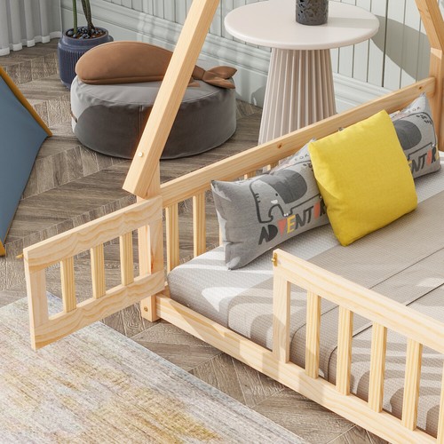Full Size Tent-shaped Floor Bed Frame Wood Floor Play House Bed with Guardrails - Picture 14 of 27