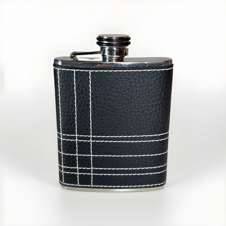 Envoltura de cuero GEOFFREY BEENE 8 OZ. Frasco de cadera de acero inoxidable con diseño de puntada Foto 3 de 4