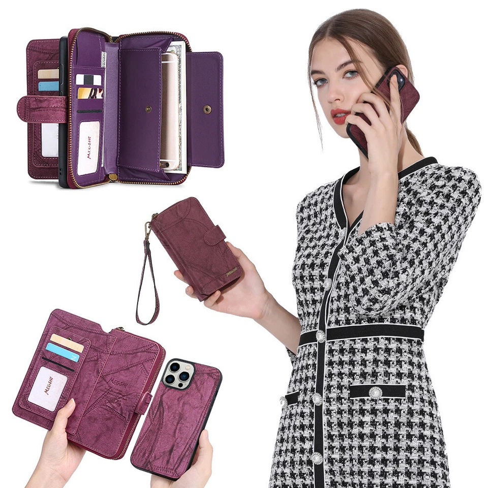 Fr iPhone 16E 15 14 13 12 11 Zipper Pocket Wallet Magnetic Detachable Phone Case - Image 2 of 4