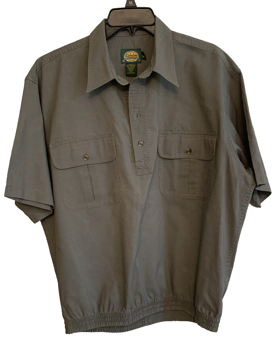 Cabelas Men L Khaki Green Safari Short Sleeve Button Shirt Hunting Fishing