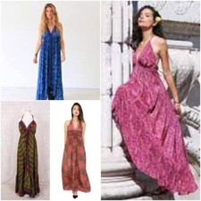 Women Indian Vintage Sari Silk Maxi Dress-Boho Gypsy Hippie Halter dress lot 10