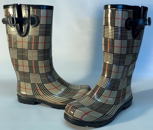 Nomad Puddles Women's 10 Rain Boots Rubber 2216 Plaid Red/Black/White Buckle- B