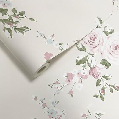 Muriva Catherine Lansfield Canterbury Floral Wallpaper Leaves Cream/Pink 165507