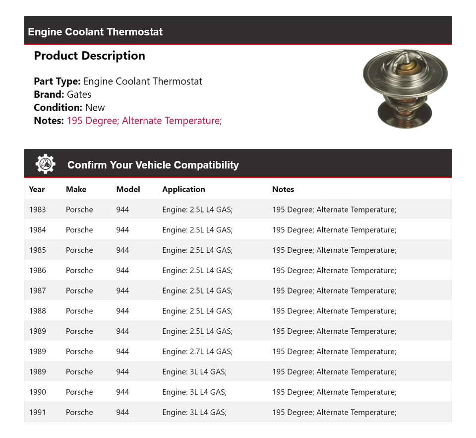 Portões termostato líquido refrigerante motor Porsche 944 1983-1991 1984 1985 1986 1987 - Imagem 2 de 4