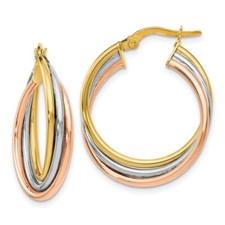 Real 14kt Tri-color Polished and Textured Twisted Hoop Earrings