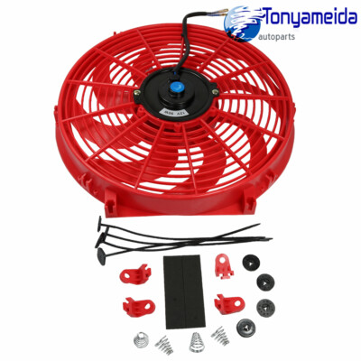 Red Universal Slim Fan Push Pull Radiator Engine Bay Cooling Fan Kit 14'' Inch
