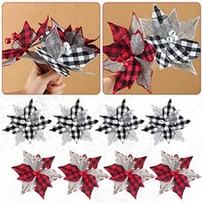 12 Pieces Christmas Buffalo Plaid Poinsettias 6.7 Inches Red Black, Black White