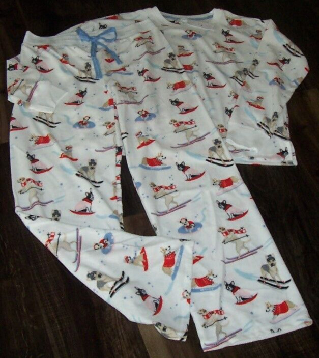 NWT PJ Salvage White/Blue DOGS ON SKIS Textured Velour Knit Pajama/Lounge Set L
