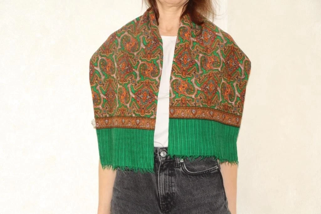 Man’s neck scarf, Grren wool scarf, Vintage abstract design double long scarf