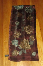 Adrienne Vittadini Brown Gray Roses Floral Sheer 100 Silk Oblong Scarf 53"