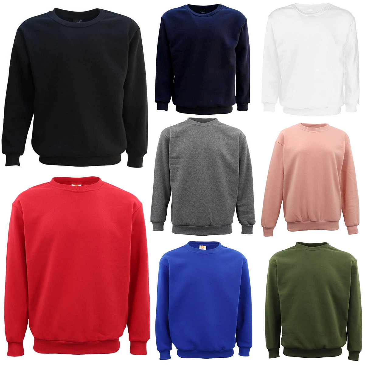 New Adult Unisex Plain Pullover Fleece Jumper Mens Long Sleeve Crew Neck  Sweater