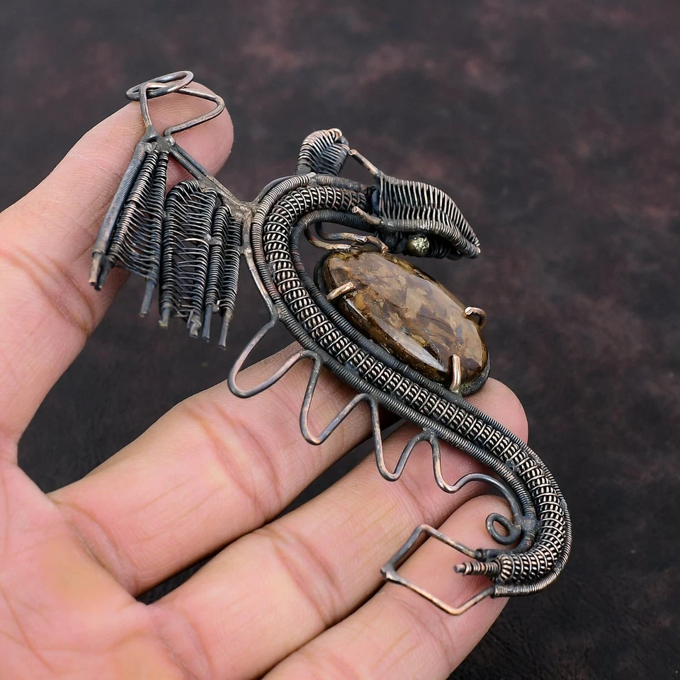 Venta Día de la Madre Cobre Ovalado Bronzita Piedra Alambre Envuelto Dragón Colgante Joyería Foto 3 de 4