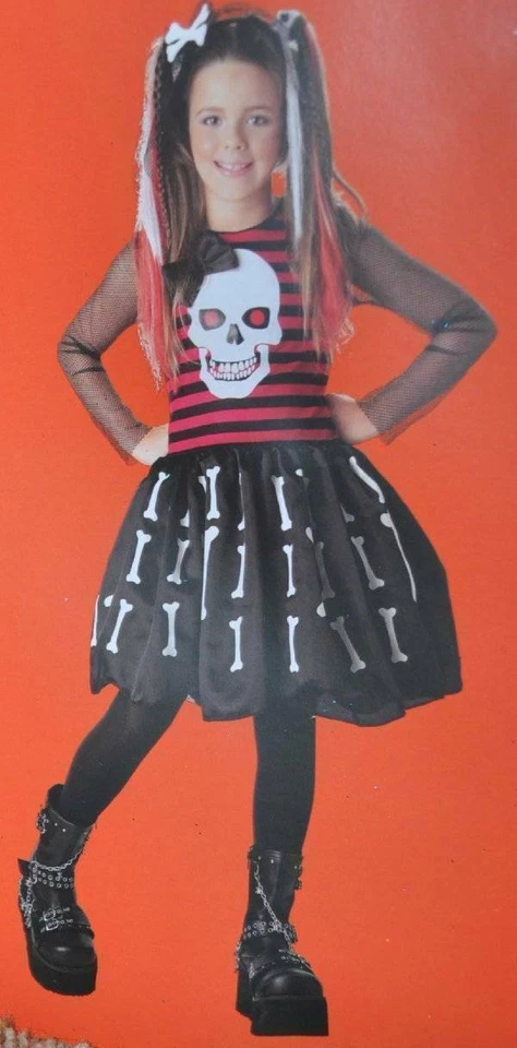 Disfraz de Halloween Esqueleto 4/6 Punk Negro Rojo Vestido y Diadema 2 Piezas Niñas Foto 2 de 4