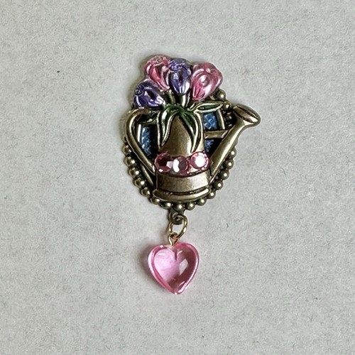 Vintage Watering Can Tie Tack Pink Heart Flowers Pin - Picture 2 of 4