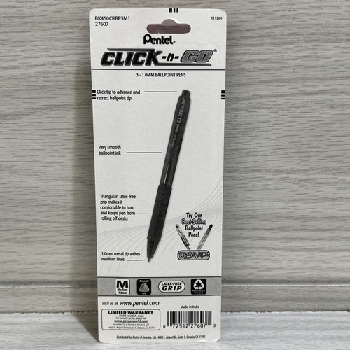PENTEL Click-N-Go Ballpoint Pen 3PK Med Tip 1.0mm Assorted Ink Colors - Picture 3 of 3