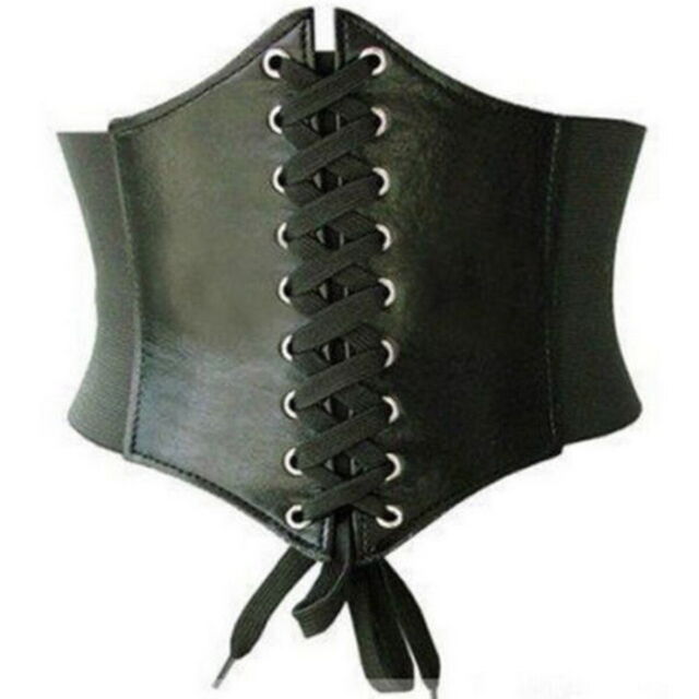 Waist Cincher Corset Black Wide Band Elastic Tied Waspie Belt One Size Leather