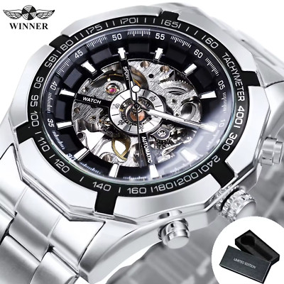 Herren Armbanduhr Handaufzug, mechanisches Uhrwerk, WINNER Herrenuhr Silber