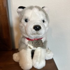FAO Schwarz Plush Siberian Husky Dog Wolf Puppy 10" Gray White Stuffed Animal