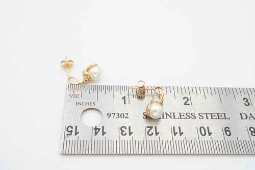 10k Yellow Gold Pearl Diamond Earrings 6.25mm - Picture 10 of 10