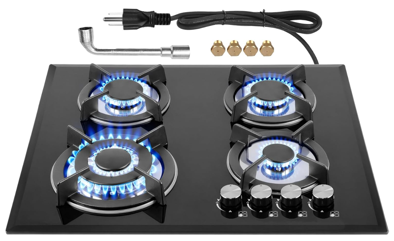 Gas Stovetop 4 Burner, Built-in/Countertop Propane Gas Cooktop, LPG/NG Dual Fuel
