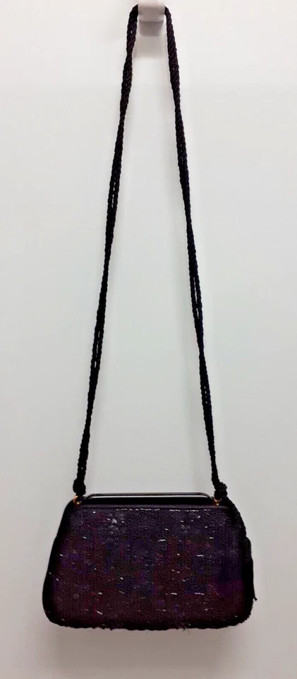 JUDITH LEIBER Purple Satin Black Floral Beaded Shoulder Strap Clutch Bag - Image 4 of 4