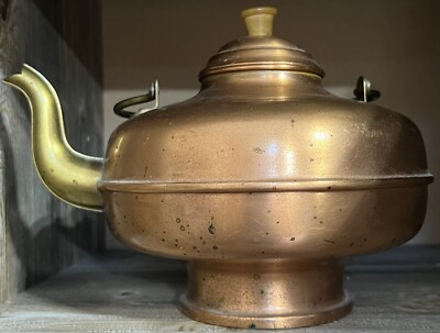 Vintage Copper and Brass Tea Pot Kettle Wooden Handle Holland - Preowned