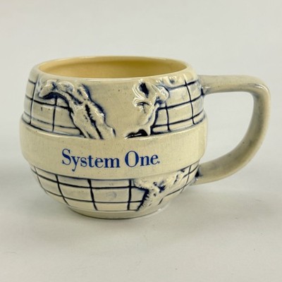 Vintage System One Globe Mug B.K. Inc USA Blue Cream 3D Relief World Map Ceramic