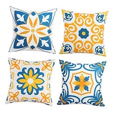 Outdoor Waterproof Throw Pillow Covers Set of 4 Floral Printed and Boho Yellow
