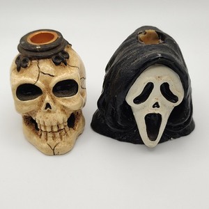 Ghost Face & Skull Candle Holders Vintage Halloween Set of 2 Scream