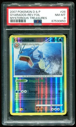 PSA 8 Gyarados Reverse Holo Mysterious Treasures D & P 2007 Pokemon Card #26