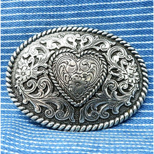 Country Love Cowgirl Heart Scroll Dress Belt Buckle Vtg 90s Western .CVB780