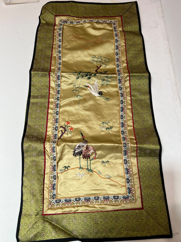 Antique Chinese embroidered silk panel of herons in a landscape Qing 24” x 11”