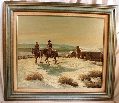 JOHN STANFORD COWBOYS & HORSES PAINTING SIGNED ORIGINAL OIL ON CANVAS 