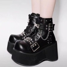Goth Punk Black Platform Ankle Boots Studded Chain Buckle Lace Up Chunky