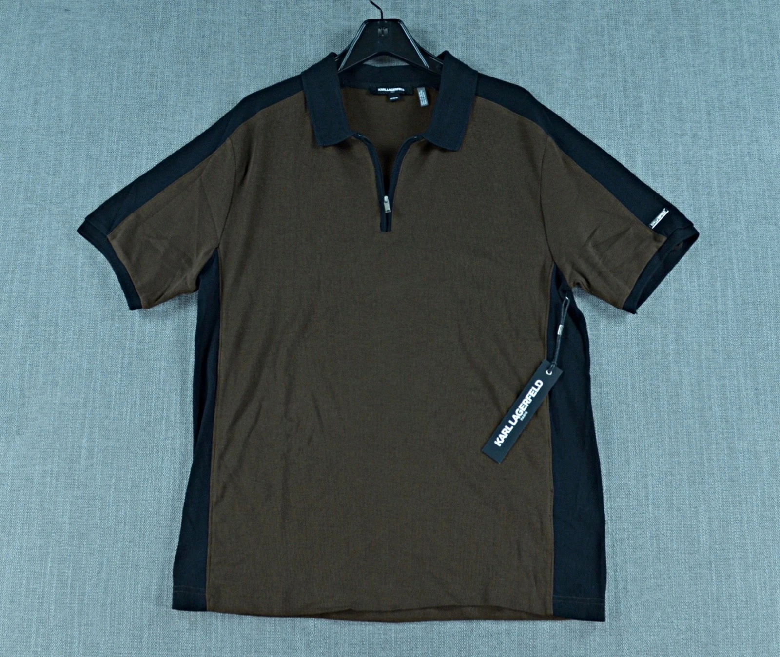 Karl Lagerfeld Polo Shirt Men's M Brown/Black Colorblock 1/4 Zip Polo NWT
