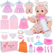 12'' Baby Doll Playset with 4 Outfits,Clothes Hanger,Swaddle Blanket,Bib,Diap...