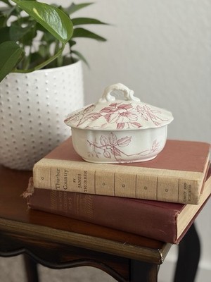 Vintage pink floral trinket dish, antique, Victorian, England 