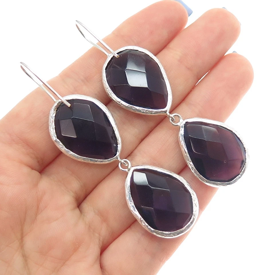 925 Sterling Silver Real Pear-Cut Amethyst Dangle Earrings - Image 2 of 4