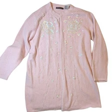 Blaine Trump Pink Silk Angora Blend Floral Beaded Sequin Embellished Cardigan L