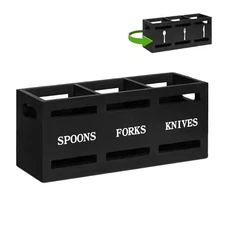 Black Wooden Utensil Holder 3-Compartment Caddy for Countertop Organization