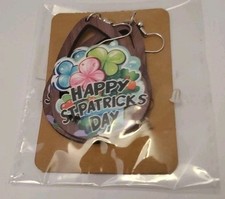 Lucky Wooden St. Patricks Day Dangle Earrings Med Teardrop Shamrocks NEW