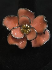 Silver Tone, Salmon Enamel Yellow Gemstone Flower Ring Size 7.