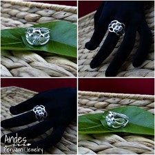 Handmade peruvian ring 950 silver w/flower and heart laces wrought design Sz 8.5